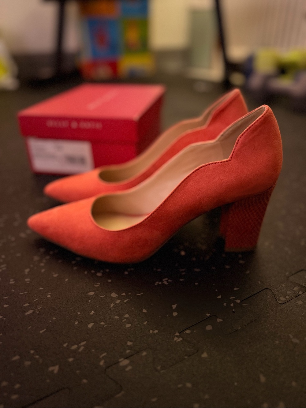 Kelly & Katie Bright Orange Suede Pointed-Toe Block Heels